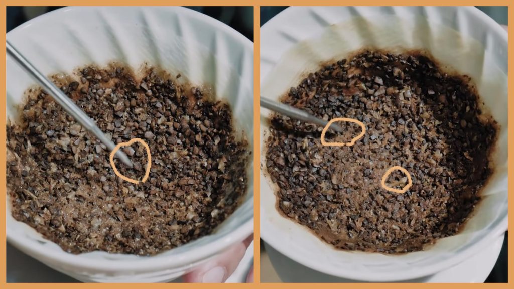 (左)圖為穩定沖煮的粉層;(右)圖為不穩定沖煮粉層