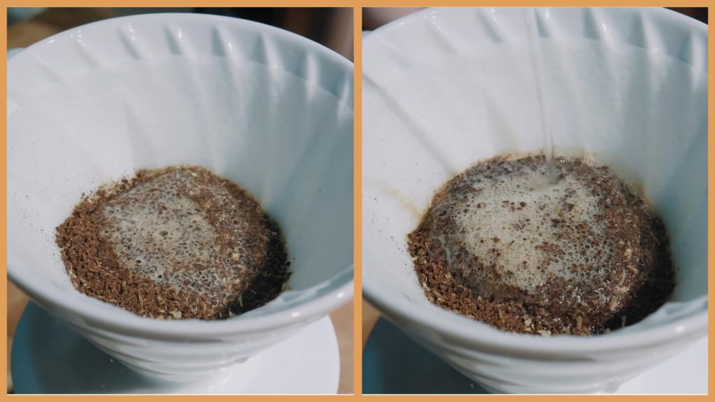 (左)悶蒸佈水佈均勻(右)繞壺沖煮速度忽快忽慢